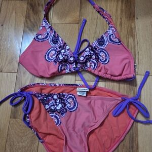 Mudd Coral Pink Paisley Halter Tie-Side Bikini with Purple Accents